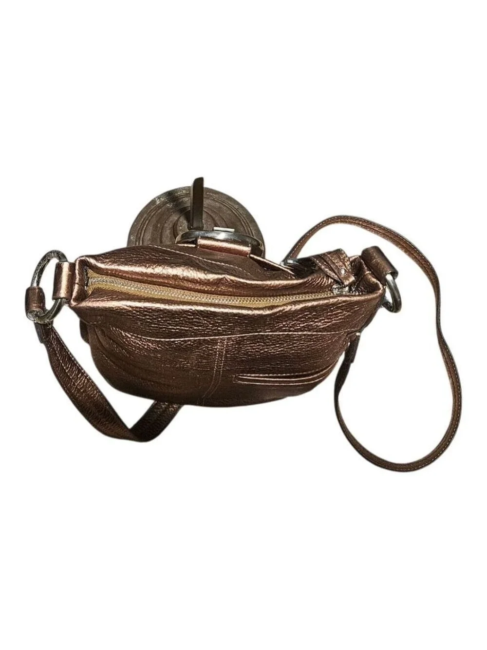 B. Makowsky Metallic Bronze Genuine Leather Crossbody Bag – Silver Hardware